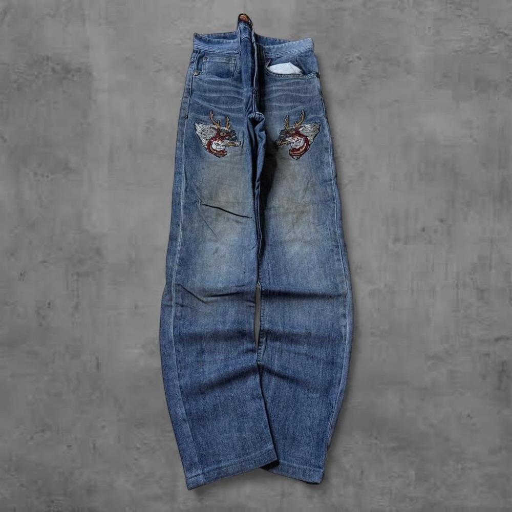 Y2K Vintage 2000s Slim Straight Jizo Japanese Embroidered Skull Denim Jeans